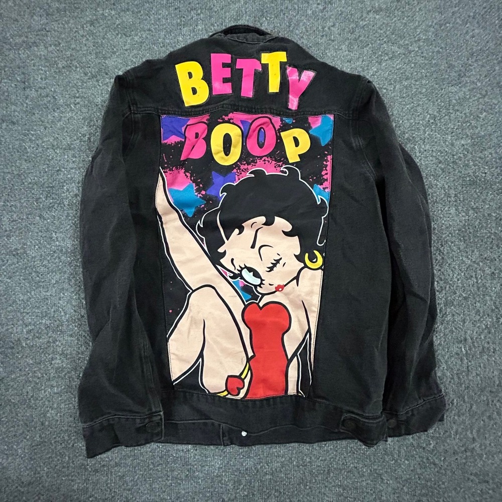 Betty Boop Denim Jacket Womens Size S Black Graphic Print Trucker Button Up